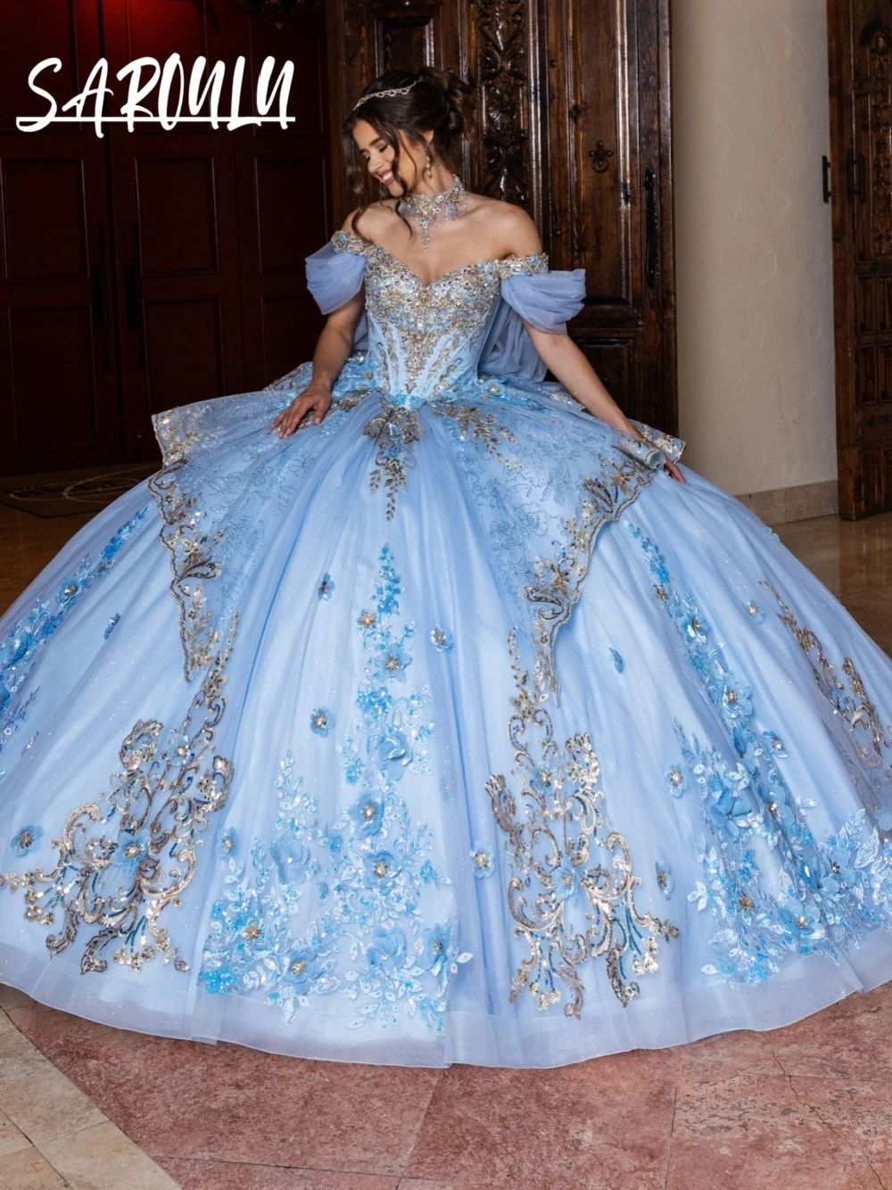 Luxury Light Blue Princess Quinceanera Dress Off Shoulder Beaded Gold Appliques 3D Flowers Corset Tulle Ball Gown Customized