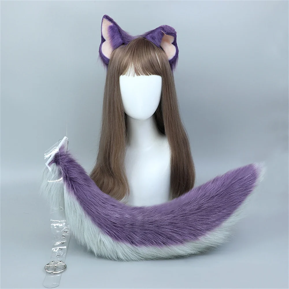 2Pcs/set Purple Furry Cosplay Wolf Foxes Cat Ear Headgear Tail Lolita Gothic Party Hand-made Animal Ear Plush Hair Band Tail Set