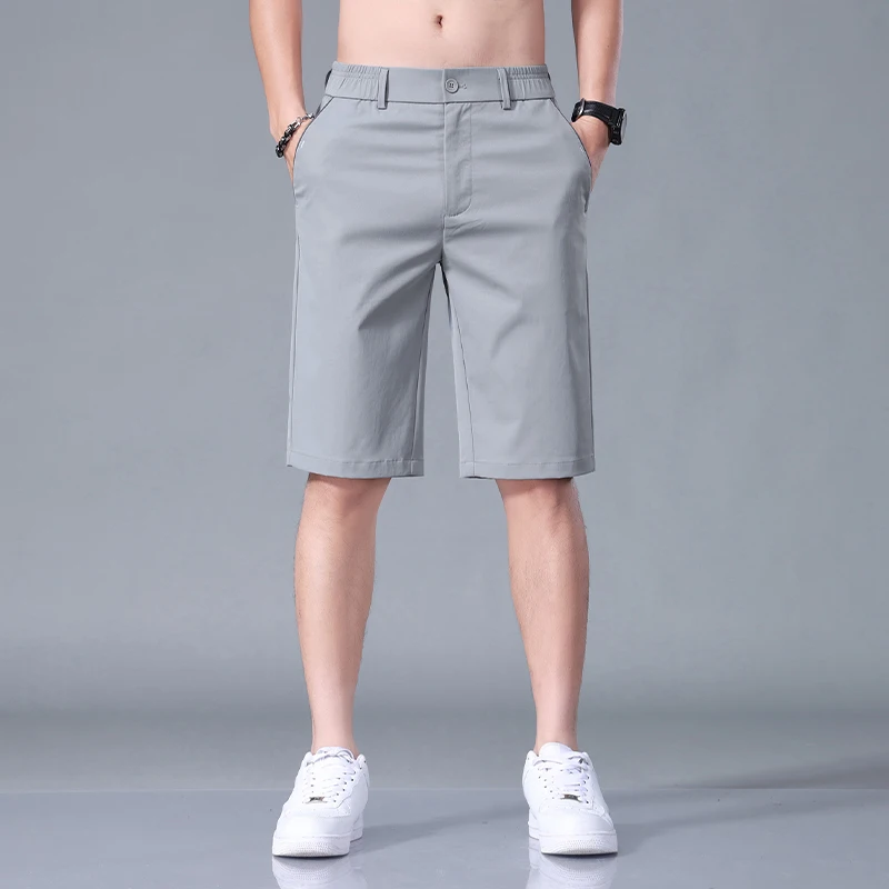 Summer Thin Men\'s Casual Shorts Solid Color Stretch Straight Fashion Short Casual Pants Male Ice Silk Cool Soft Midi Shorts