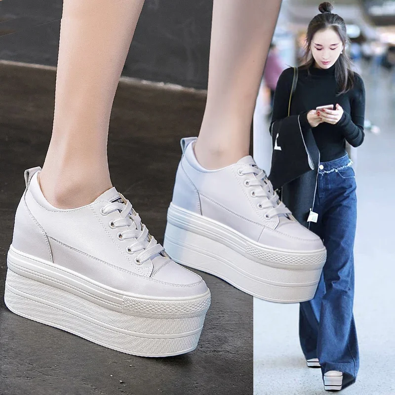 Fujin 12cm Genuine Leather Women Vulcanized Shoes Leather Platform Wedge High Heels White Shoes Lace Up Increase Casual Shoes