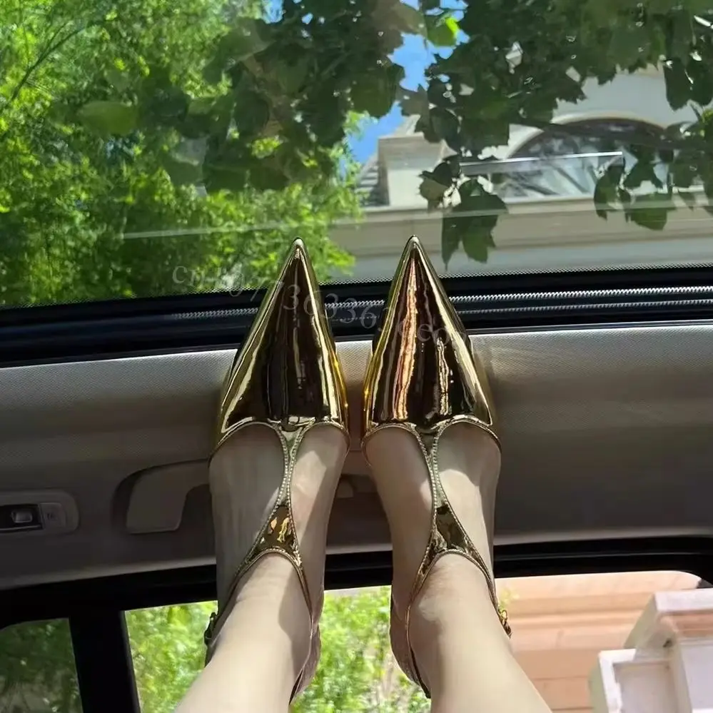 

Sexy Golden Hollow Flat Sandals Pointed Toe Shoes for Women Patent Leather Fashion Shoes for Summer 2025 Zapatos Para Mujere