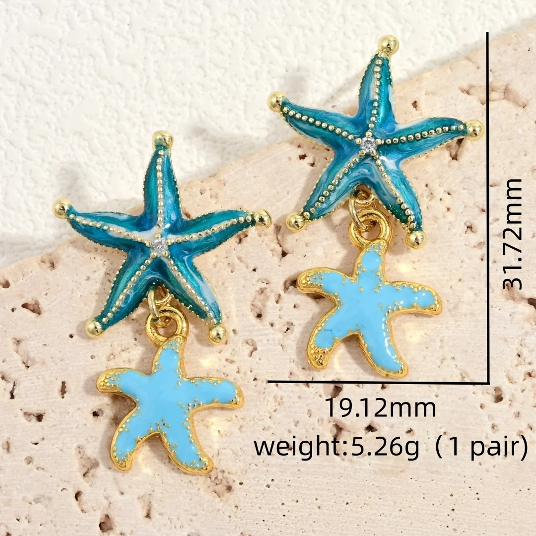 Blue Starfish 18K Gold Plated Enamel Drop Earrings Ocean Sea Creature Dangle Earrings for Summer Beach:VE1895-VE1905