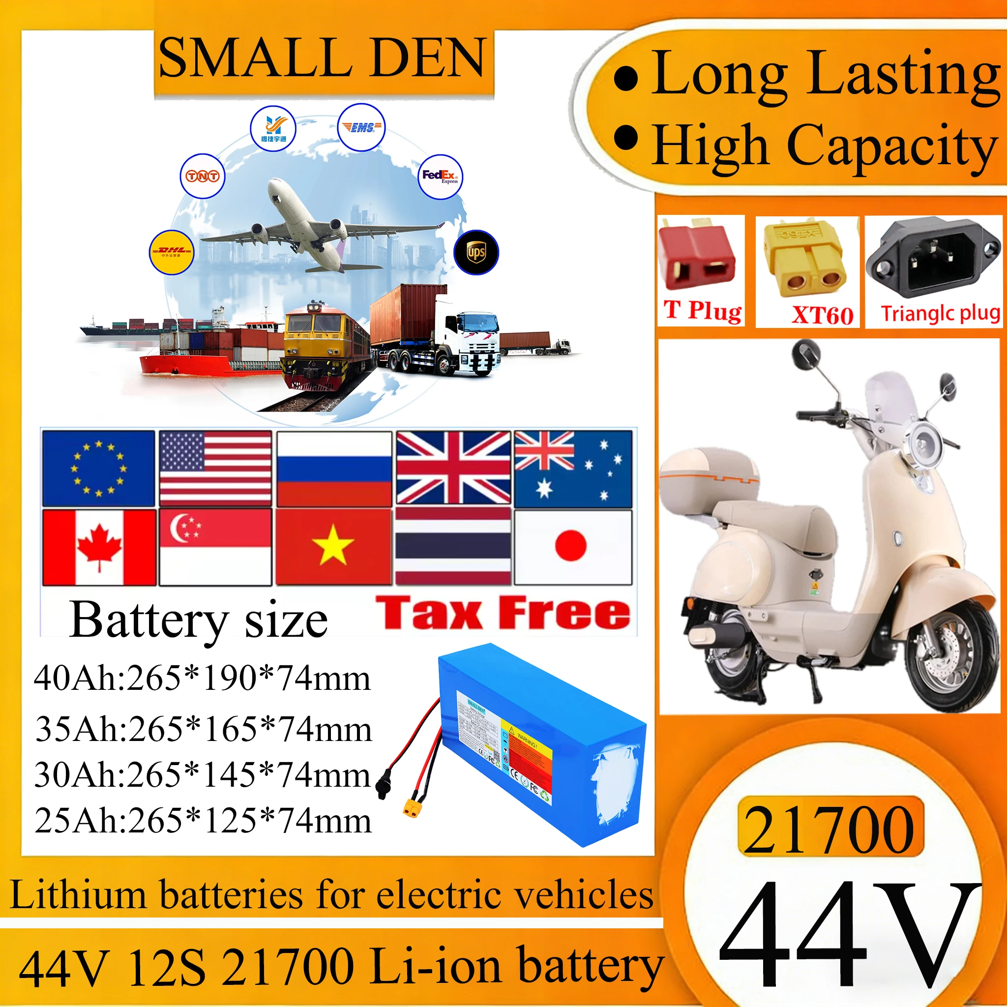 44V 25Ah 30Ah 35Ah 40Ah 21700 12S Lithium Battery with BMS 1400W for Electric Scooter Lithium Ion Battery Pack Long battery life