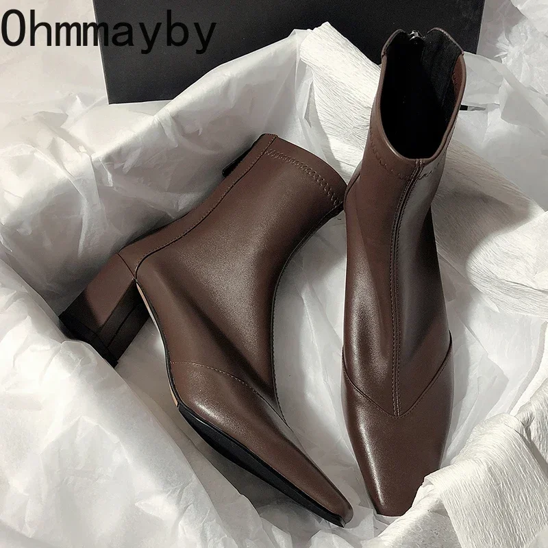 Ankle boots de dedo apontado para mulheres, salto alto, barcos curtos, botas Morder elegantes, moda, outono