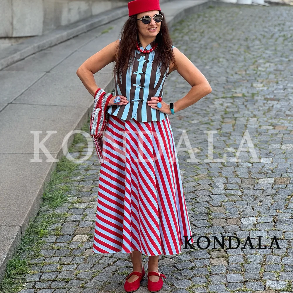 KONDALA Women Trendy Striped Midi Skirts 2026 Summer Chic Holiday Elegant Leisure Skirt Ladies Festivities Party Contrast Skirt