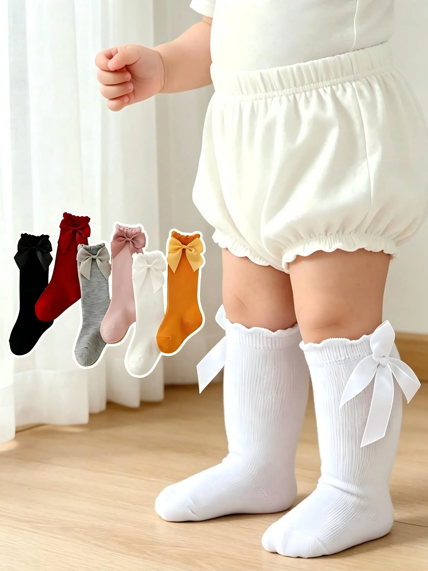 6Pairs Baby Girls Bow Decor Knee High Socks 0-2Y Cotton Soft Elastic Breathable Kids Leg Warmers All Seasons Daily Wear Gifts