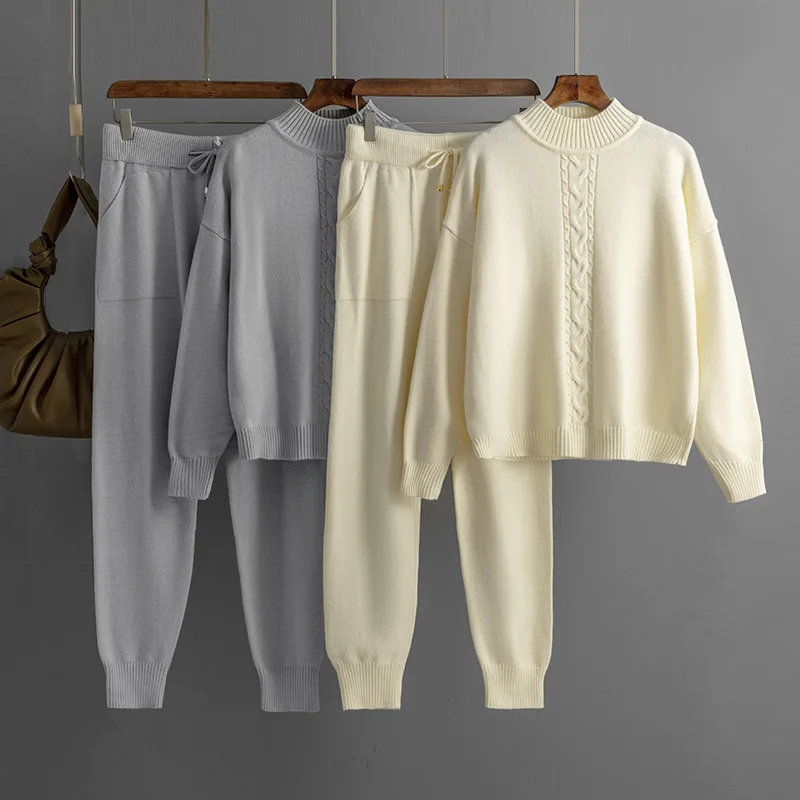 Two Piece Set Pullover Half High Collar Sweater Knit Tracksuit Women High Waist Wide Leg Straight Pants Suit Autumn Clothes