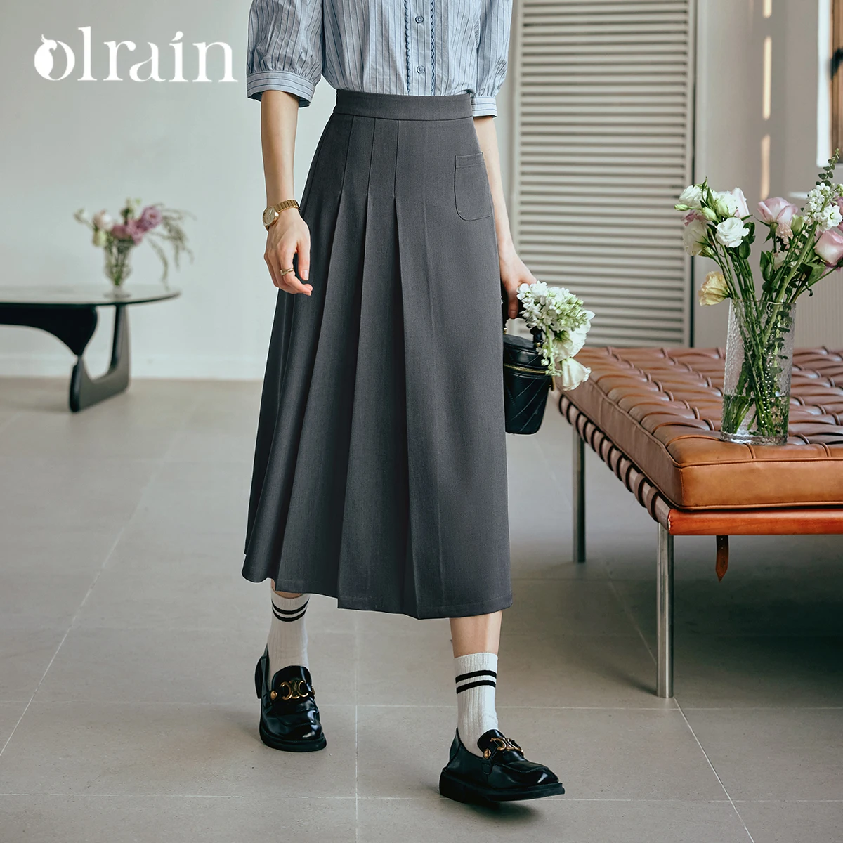 OLrain Women Grey Pleated Skirt 2026 Office Ladies Commuter Versatile Autumn Elastic Waist Midi Skirts Female Clothes O57QB89882