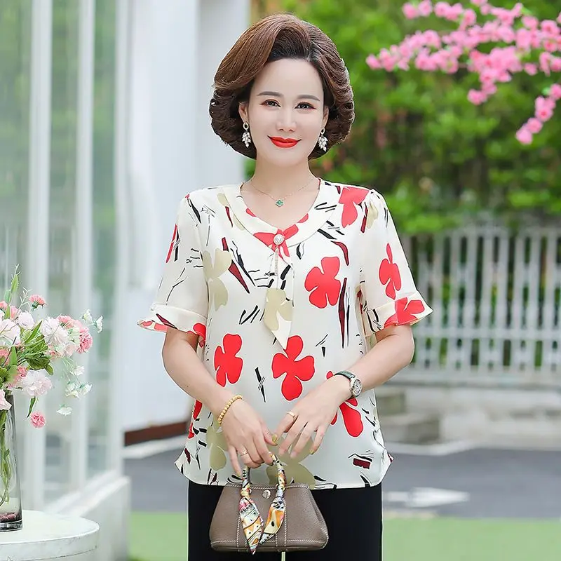 

Летняя женская футболка с короткими рукавами. Новая модная шифоновая рубашка с v-образным вырезом и принтом.