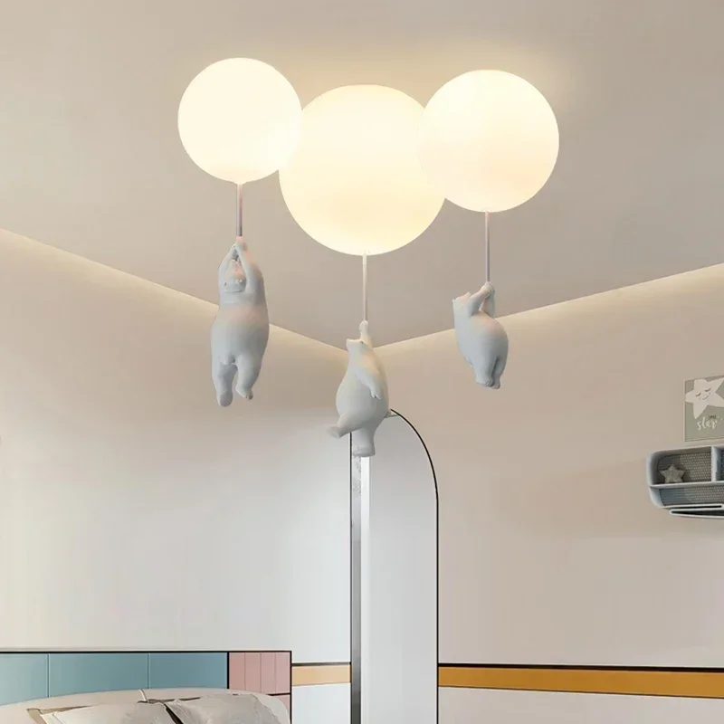 Lámpara colgante de techo con forma de muñeca de oso bonito, globo moderno de cristal colgante E27, luz de techo para habitación de niños, cama para