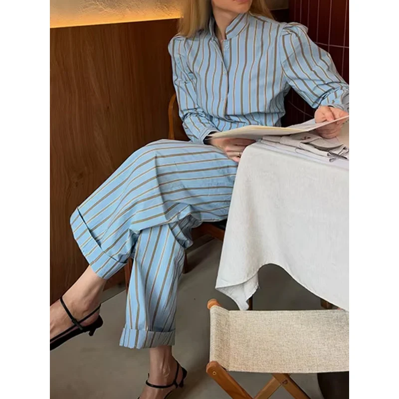 QICHE Women Striped Stand Collar Waist Cinch Long Sleeve Shirt Wide Leg Pants 2 Piece Set, Minimalist Commuter Outfit