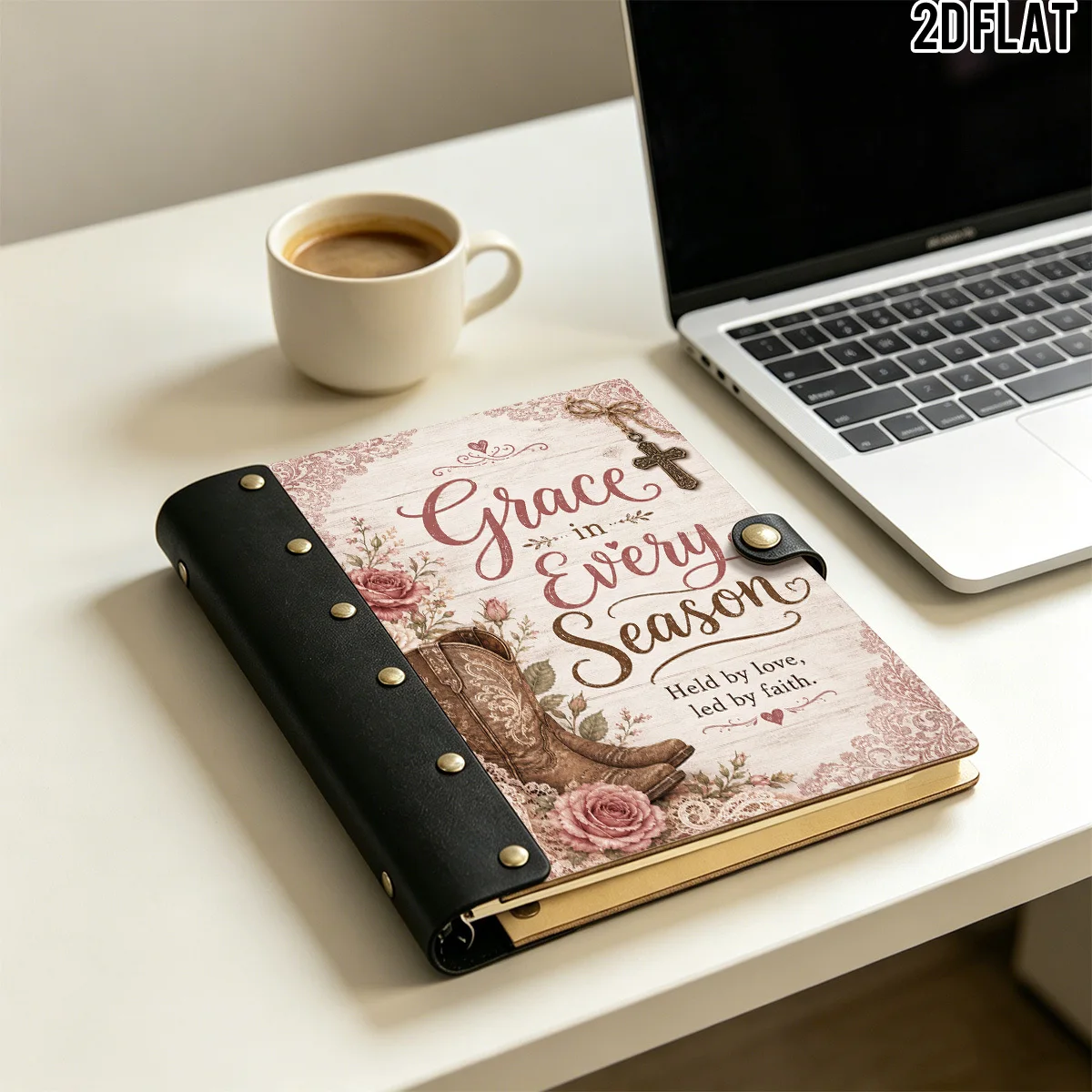 1PC 2DFlat Wooden Notebook, Hardcover Grace In Every Season Rose Cowboy Boot Print, 100 Pages With Leather Rivet Craft Decoratio