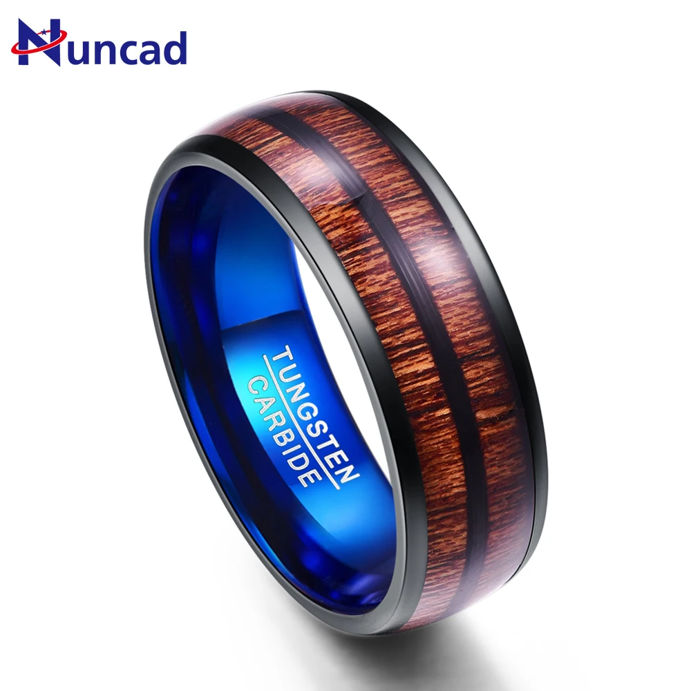 Nuncad Tungsten Carbide Rings 8MM Wide Plating Black and Blue Dome Tungsten Rings Double Groove Inlaid Acacia Wood Tungsten Ring