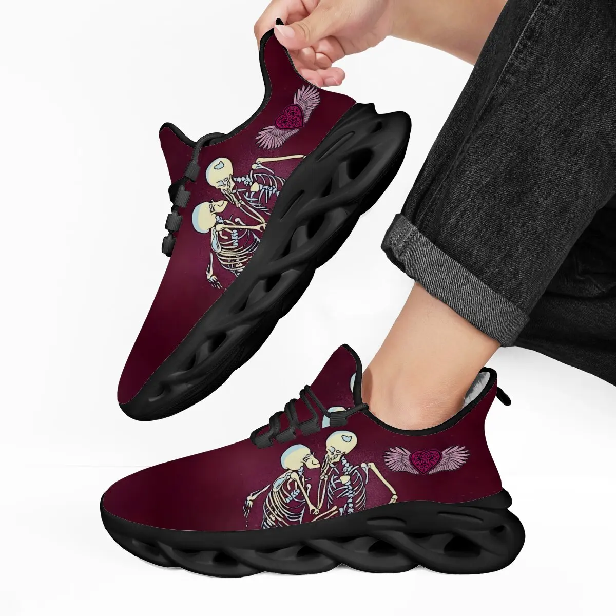 

Shoes for Women Warm Burgundy Athletic Shoes with Skeleton Couple and Wing Heart Print Sneakers for Boys Kids Zapatillas Hombre