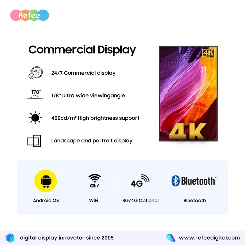 شاشة عرض إعلانات LCD مثبتة على الحائط تعمل بنظام أندرويد لوحة لافتات رقمية رفيعة ومتجر بيع بالتجزئة ومركز تسوق 43 بوصة 55 بوصة 65 بوصة
