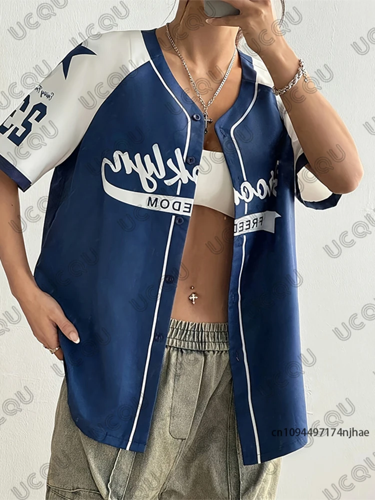 

Новая летняя женская бейсбольная рубашка в стиле ретро с принтом Brooklyn Freedom 23, спортивная уличная блузка в стиле хип-хоп, топ на пуговицах с короткими рукавами