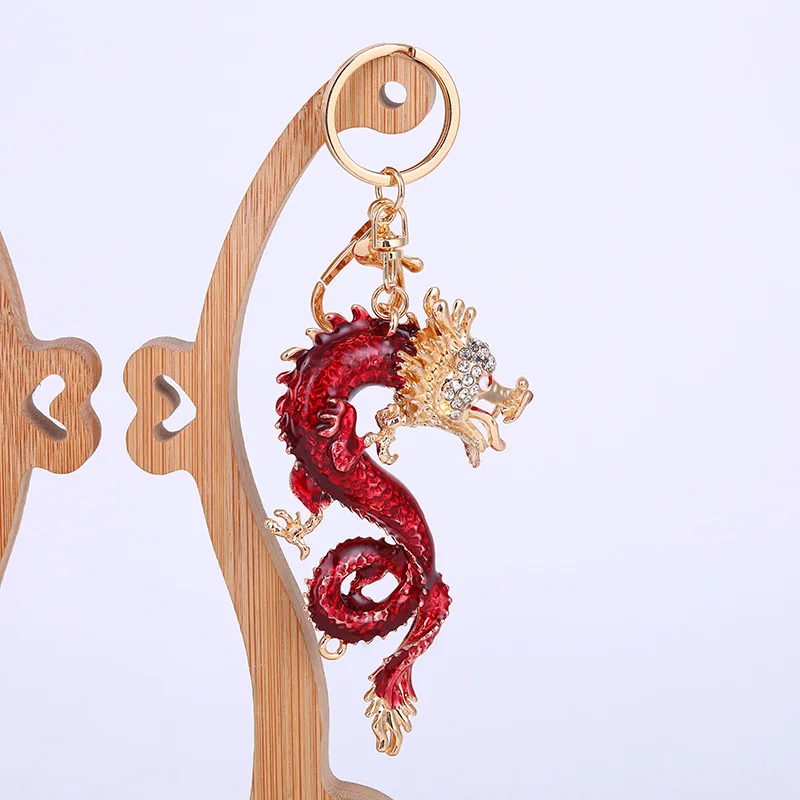 Chinese Elements The Year of The Loong Creative Chinese Loong Key Chain Set Zircon Gold Color Zodiac Dragon Hanging Accessories