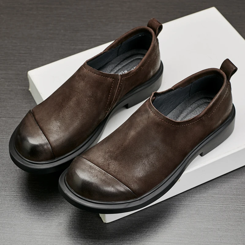 

Men's Spring Summer Smooth Leather Retro oes round Head Breathable Faionable Slip-On Flat Bot Anti-Slip Casual oes