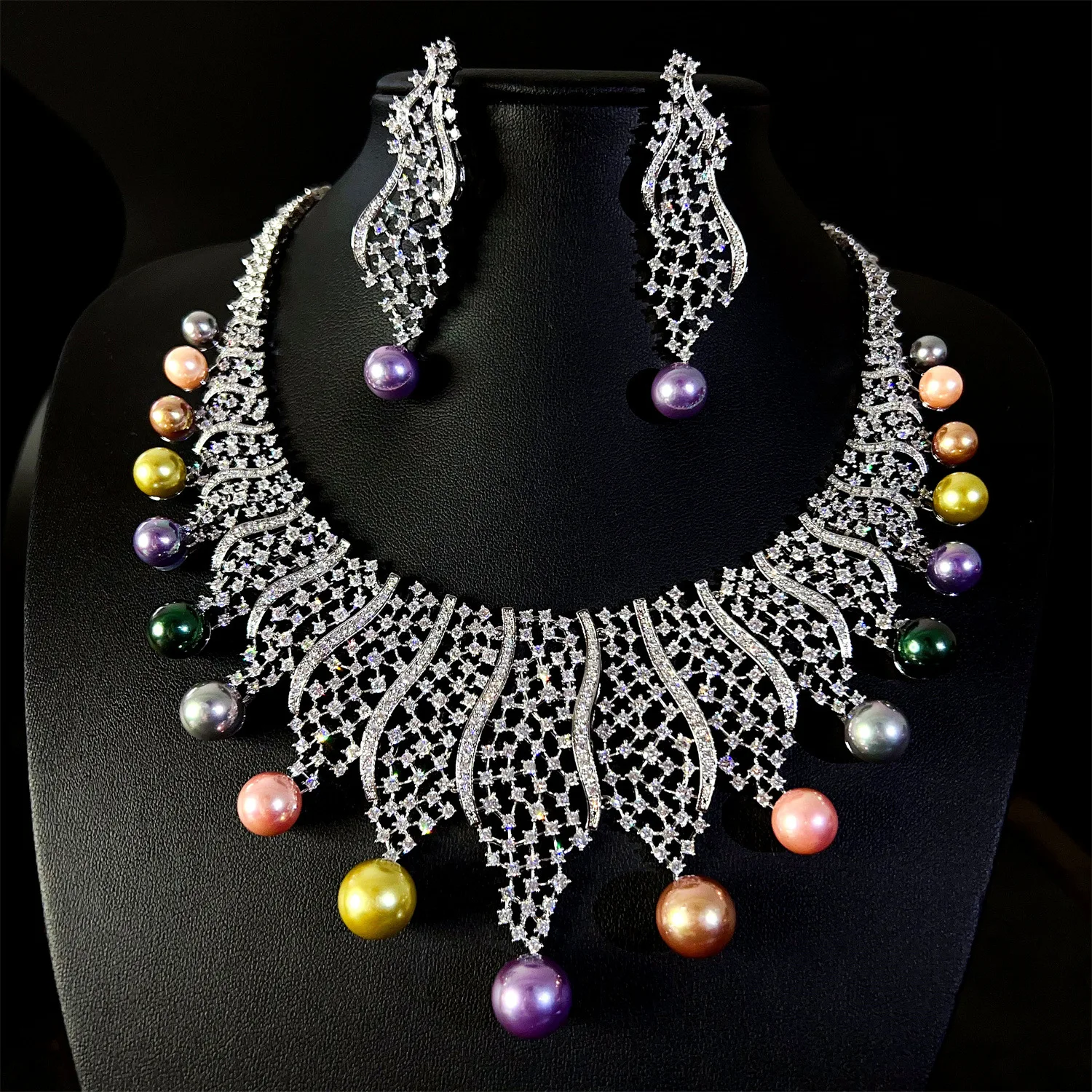 

European and American Style Gorgeous Colorful Pearl Necklace Earring Set Women's Decorative Jewelry Wedding Ball Gift M-821