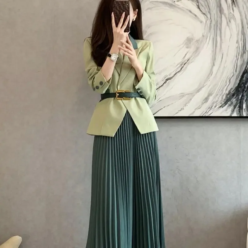 Female Outfits Green Office Long Sleeve Suits Midi Women's Two Piece Set Pleated Skirt Cheap Clothing Korean Style Offers Full