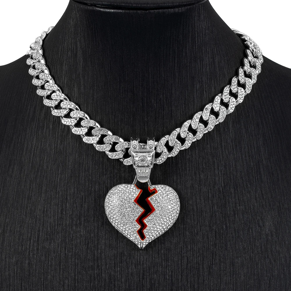 Men Hip Hop Heart Broke Pendant Necklace13mm Miami Cuban Chain HipHop Iced Out Bling Broken Heart Necklace Fashion Charm Jewelry