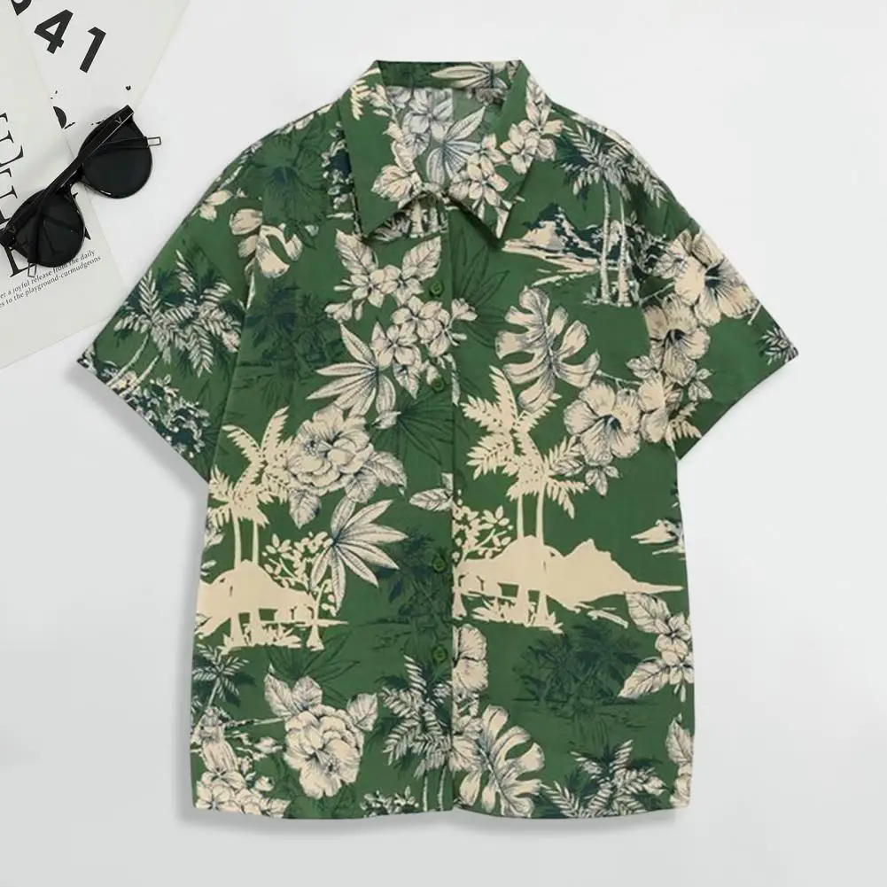 Men Beach Shirt Coconut Tree Printed Casual Hawaiian Shirt  Summer Short Sleeve Shirt Floral Leaves Patch Pocket Male Shirts