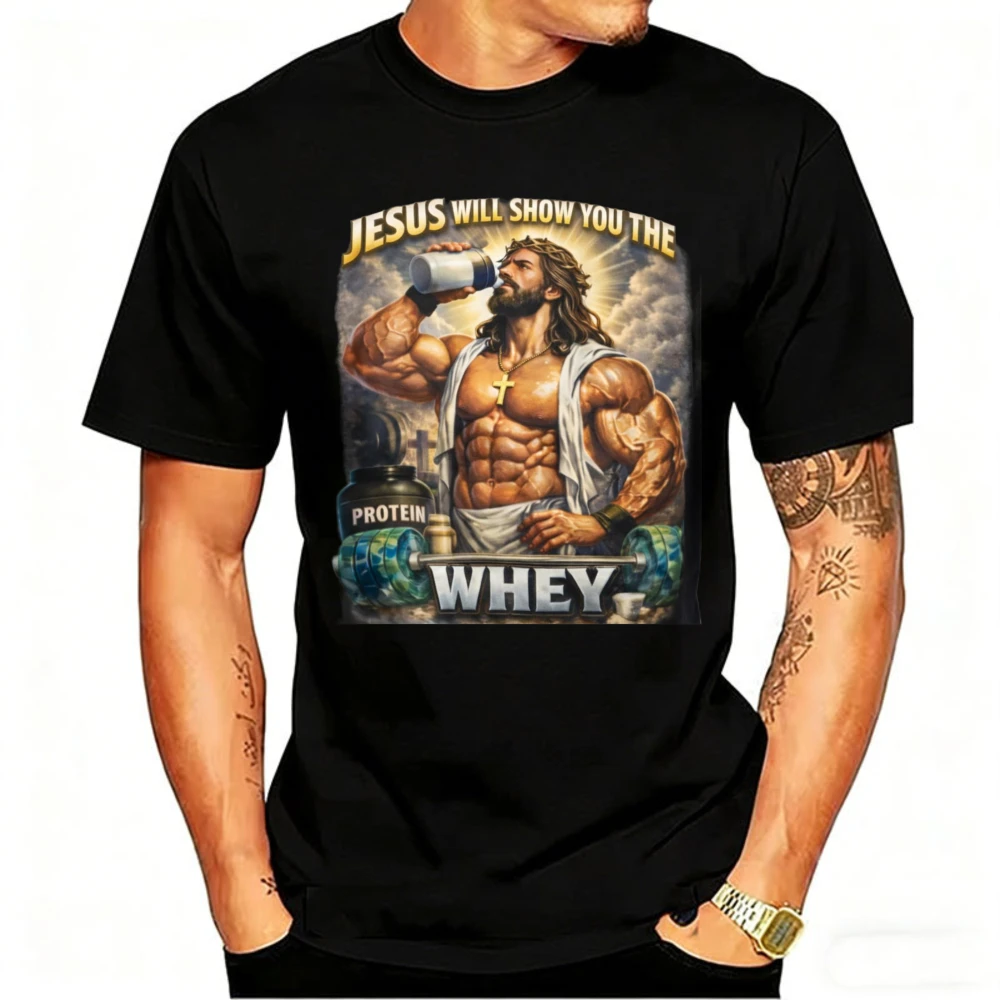 Holding Protein Shake Tee Jesus Will Show You The Whey' Muscle Christian Workout Crewneck Casual Style Regular Short Sleeve