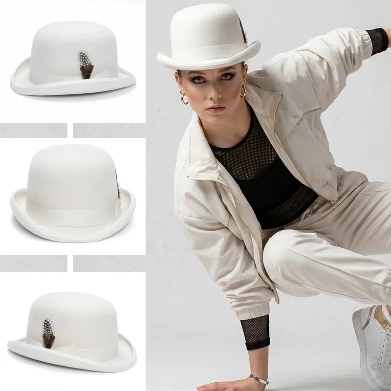Mens Big Head 54-63cm Bowler Hat 100% Wool White Womens Derby Hats with Feather Costume Hats Short Brim Felt Fedora Hat
