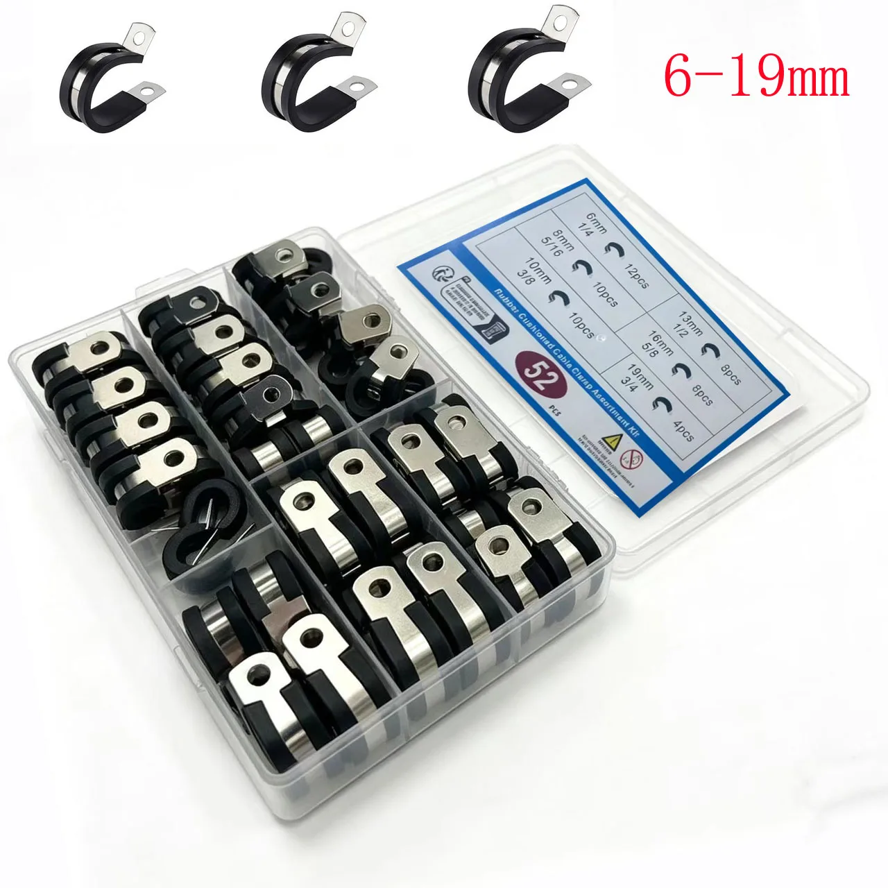 

52PCS 304 Stainless Steel Rubber Cushioned Cable Fastener Assortment Kit 6-19mm Pipe Holder Kit For Secure Wire And Hose Fixing