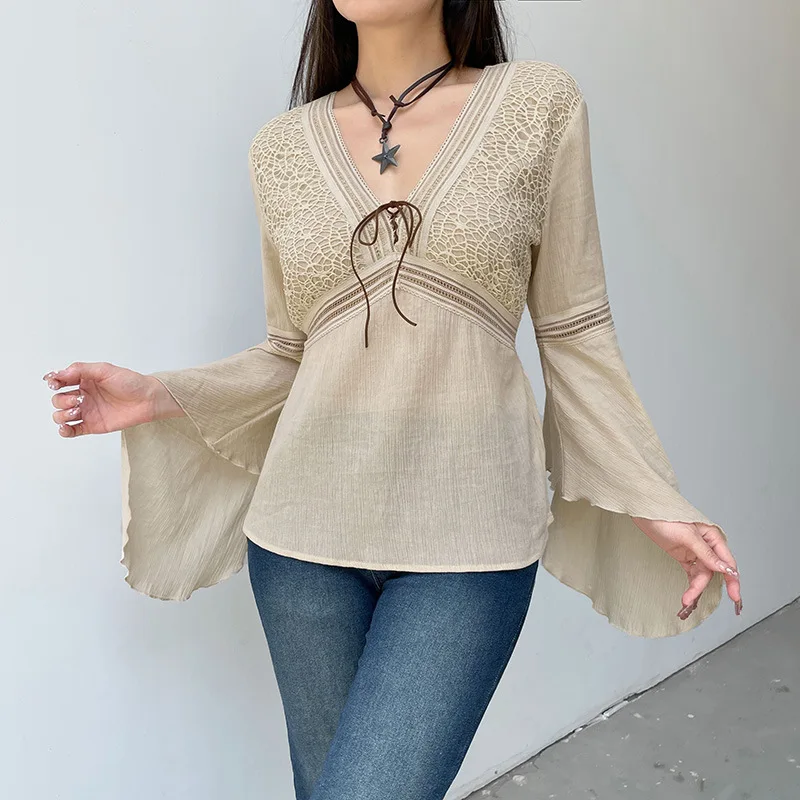 Fashion Casual Style Jacquard Mesh Cloth Lotus Sleeve Shirt Female Y2k New All-Matching V-Neck Lace-Up Loose Type Tops Trend