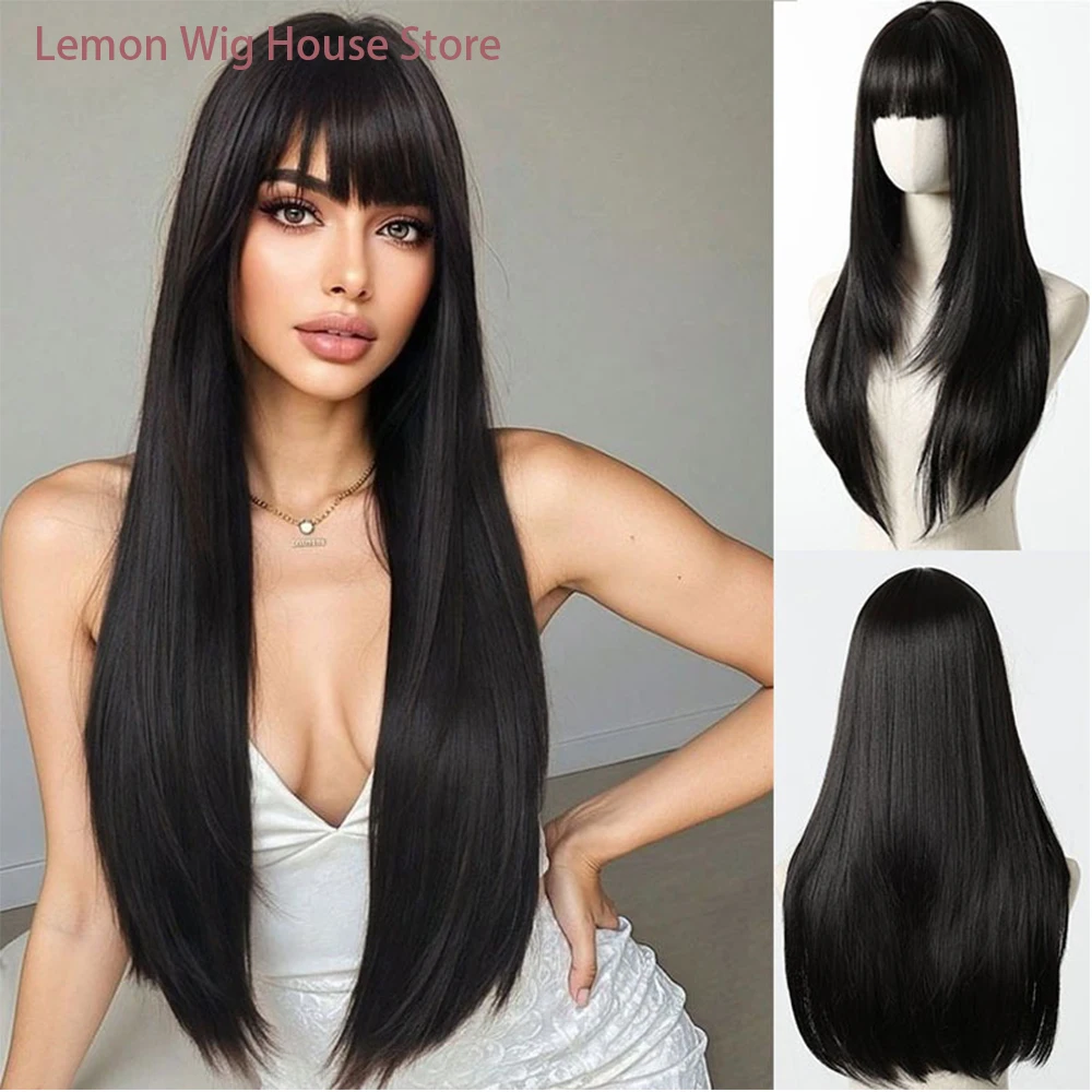 

Black Long Straight Hair Wig for Women Daily Use High Quality Synthetic Wig with Bangs Natural Layered Wigs Heat Resistant