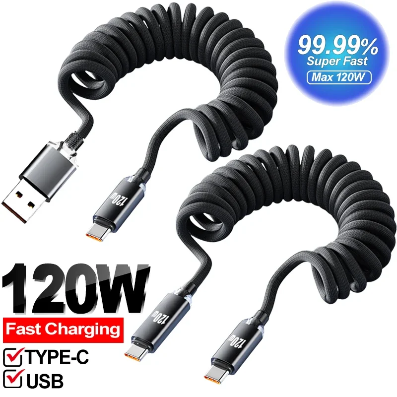 Retractable USB To Type C Data Cables 120W Super Quick Charging Nylon Wire Dual USB-C Digital Display Cable for Carplay Samsung