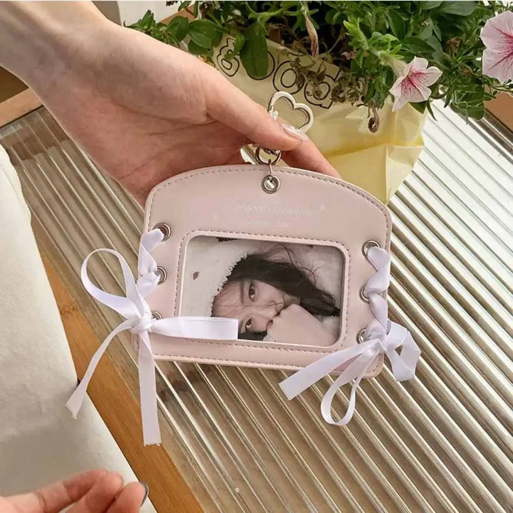 Portafoto coreano Idol Balletcore Nastro fai da te Portafoto in PU Porta carte d'identità Custodia protettiva Porta carte bus all'aperto