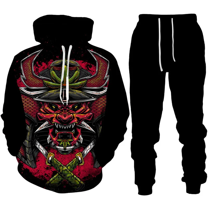 Fashion Cool Samurai Oni Mask Tattoo Art 3D Print Tracksuit Sets Casual Hoodie + Pants 2pcs Sets Man Woman Harajuku Streetwear