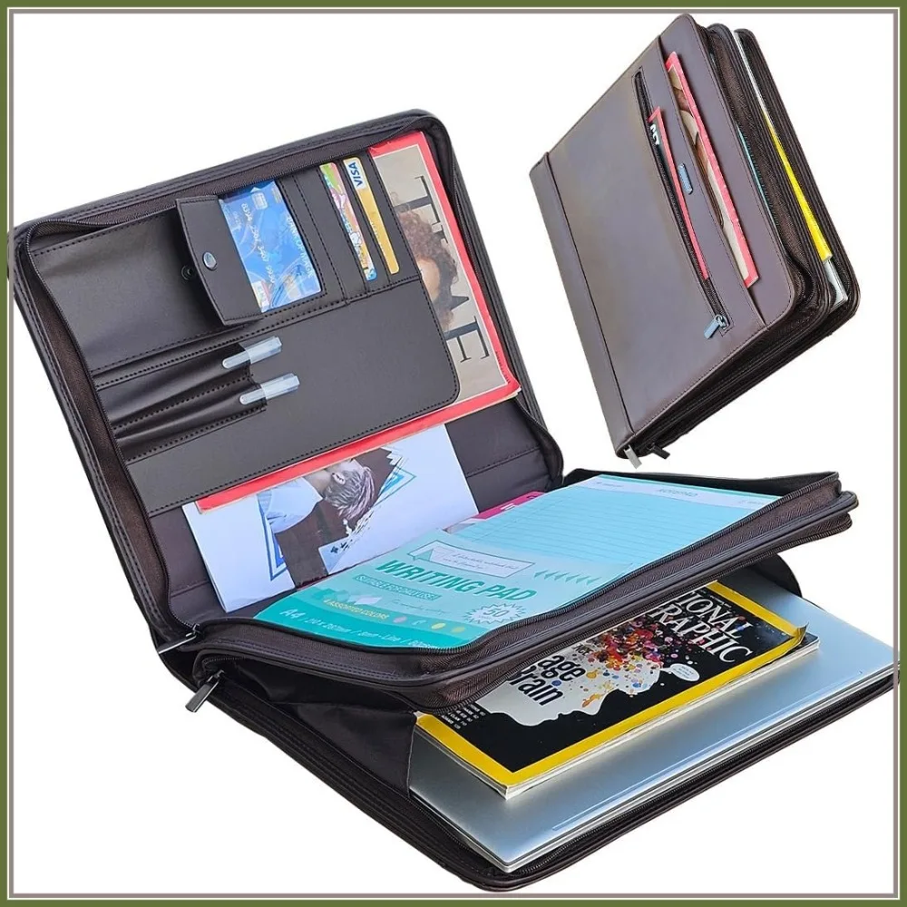 

14 Inch Laptop Briefcase Vegan Leather Portfolio Zipper Compartments A4 Padfolio Organizer