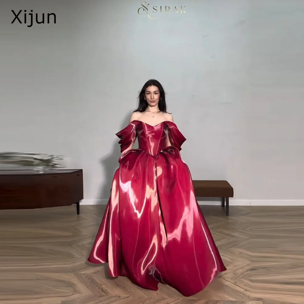 Xijun Modern Red Evening Dresses Off The Shoulder A-Line Birthday Party Dresses Corset Shiny Floor Length Prom Gowns Customized