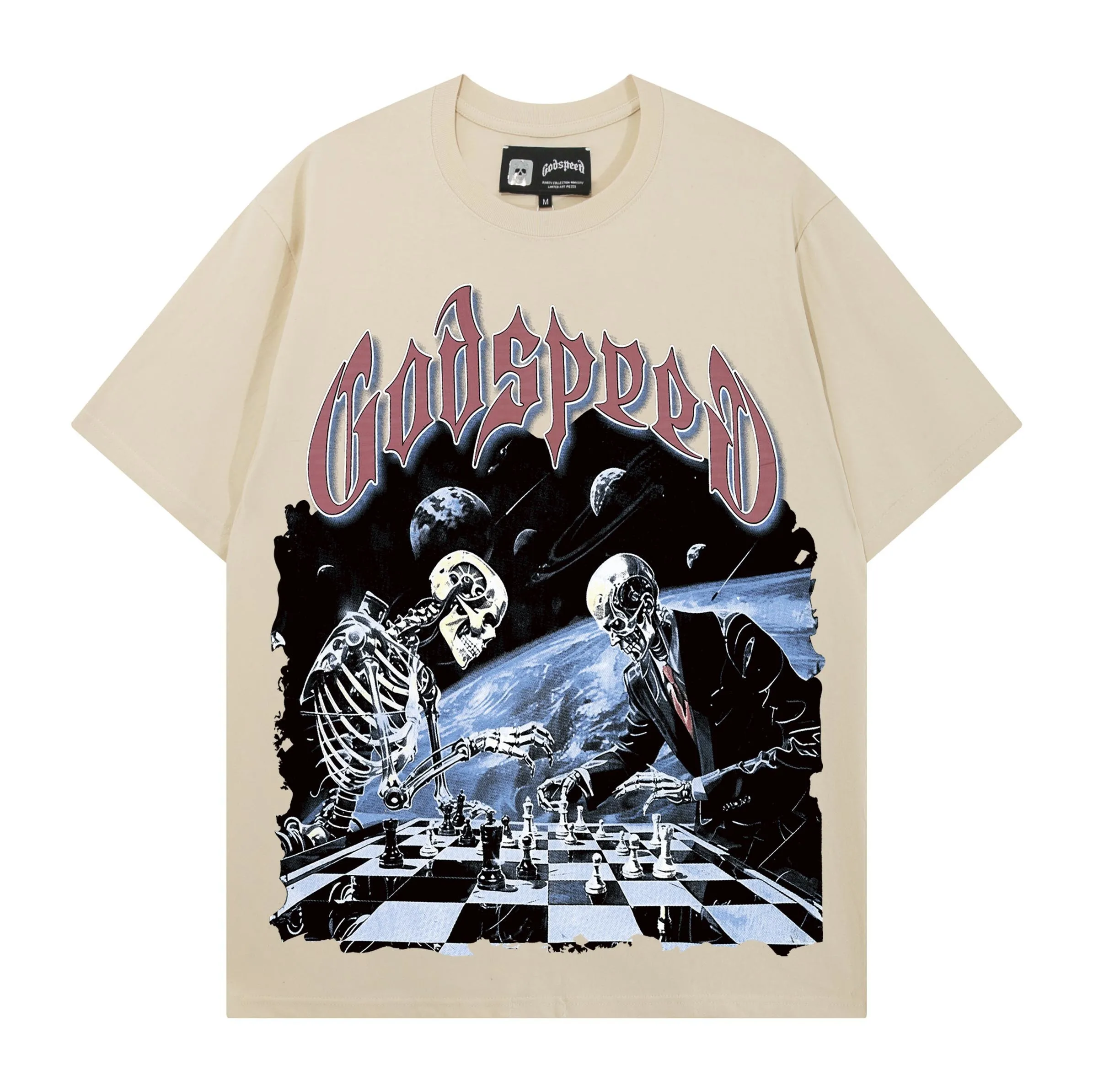 Godspeed High Quality Heavyweight Cotton Rockabilly Skull Print Loose Fit Short Sleeve T-Shirt Streetwear Citywalk Casual Tee