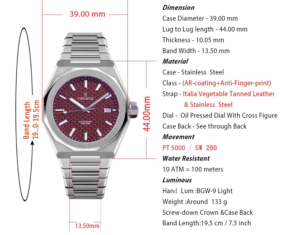 Cronos Luxury Men Watch 39mm Skyline Automatic PT5000 SW200 Wristwatches Sapphire Leather Strap 10ATM See-through Back L6028M