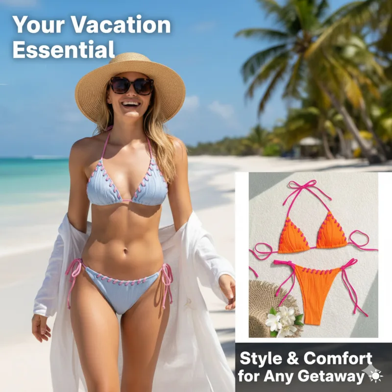 

Women Bikini Set Summer Women Funny Solid Color Swimsuit Spaghetti Strap Bikini Triangle Bottom Beach Vacation Swimwear Set New