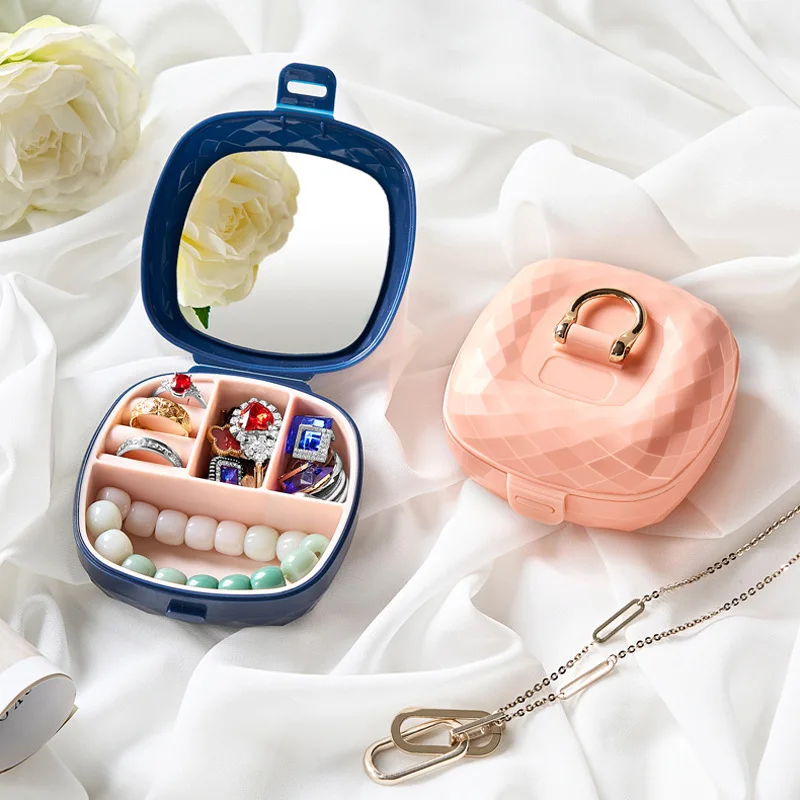 

Portable Diamond Jewelry Storage Box with Mirror Travel Makeup Case Waterproof Necklace Ring Jewelry Organizer for Women