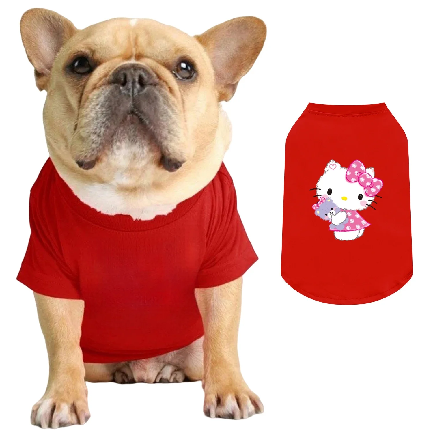Modisches Haustier-Kurzarmshirt mit Hello-Kitty-Printmuster, weiches, fusselfreies Kurzarm-T-Shirt für Katzen und Hunde