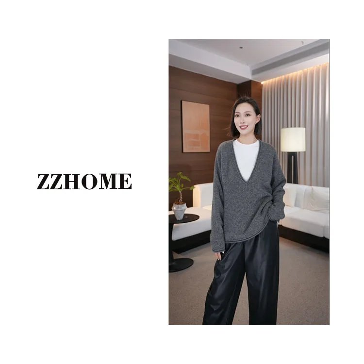 

Свободный женский вязаный топ из смесовой шерсти с глубоким V-образным вырезом, модный весенний трикотажный джемпер для повседневной носки, с длинным рукавом, стандартный крой