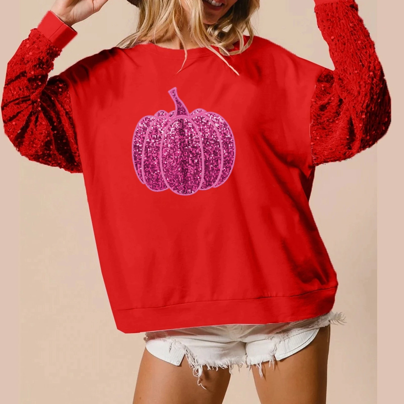 Moletom feminino de lantejoulas de Halloween solto manga comprida gola redonda pulôver de abóbora