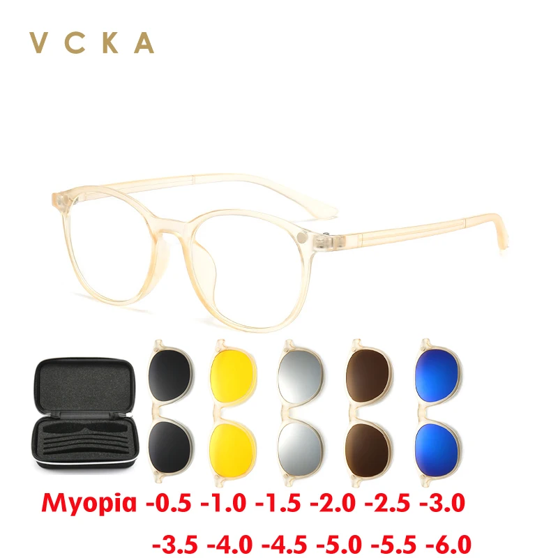 VCKA Women Myopia Sunglasses 6 In 1 Magnetic Clip Glasses Transparent Tea Round Men Polarized Prescription Eyeglass -0.5~-6.0