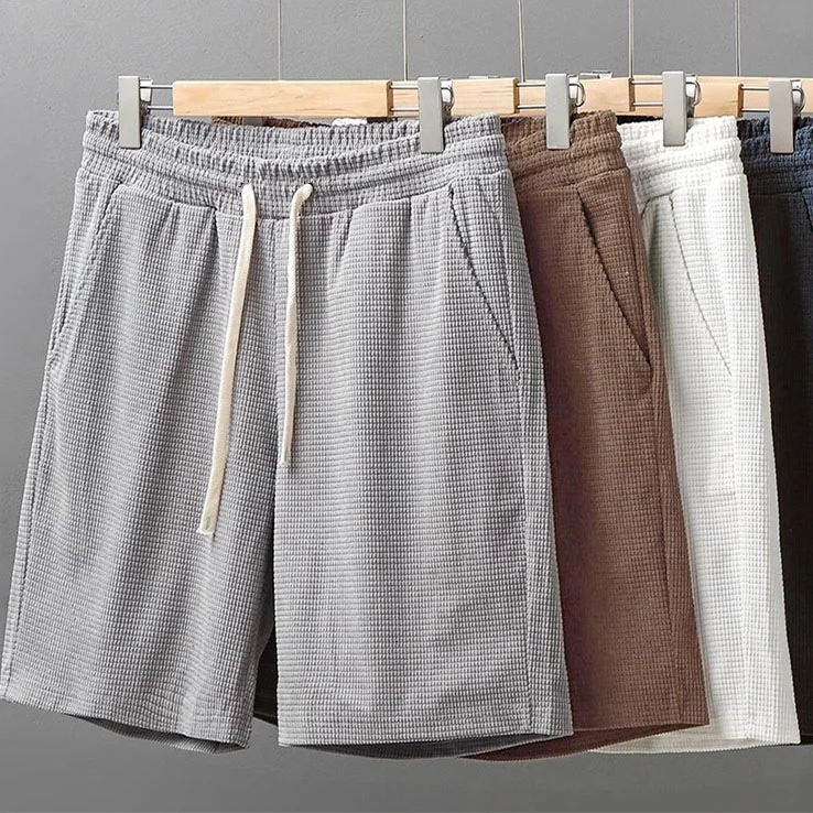 Männer Shorts Einfarbig Mittlere Taille Sommer Bewegung Waffel Textur Tiefem Schritt Kordelzug Männliche Shorts Lose Knie Länge Casual Kurze – Detail 13