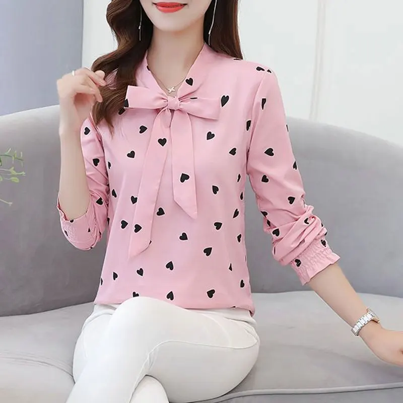 Women's Clothing Commute Elegant Scarf Collar Bow Shirt Fashion Heart-shaped Printed Spring Autumn All-match Loose Blouse 2023