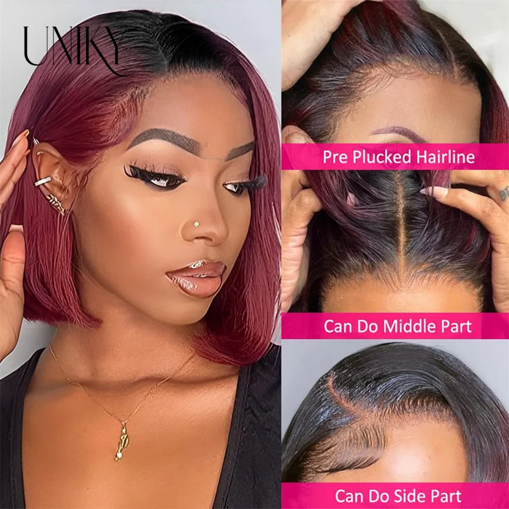 4x4 Bob Lace Closure Wig Malaysain Straight Human Hair for Black Women T1B/99J Bob Lace Front Human Hair Wigs Blunt Cut Wig