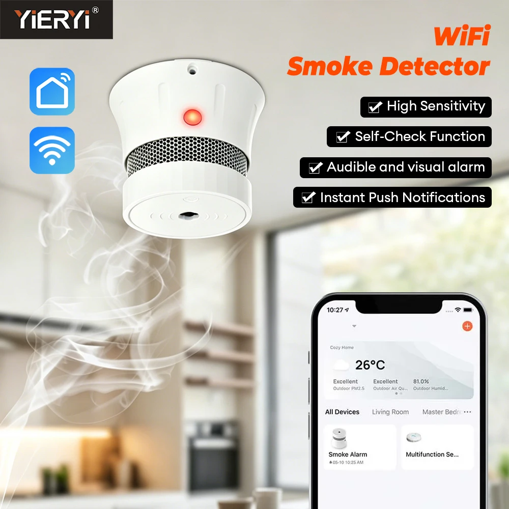 Yieryi Tuya WiFi Zigbee Smoke Detector Smart Home Security Fire Alarm System Wireless Photoelectric Smoke Sensor App Alert