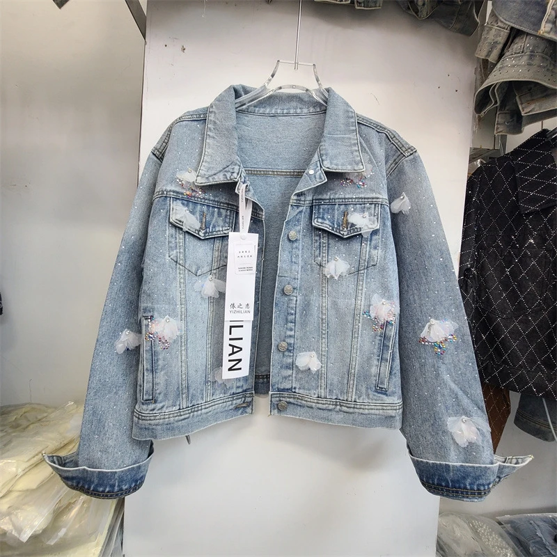 Autumn Women Heavy Work Beaded Butterfly Mesh Blue Short Jeans Jacket Turndown Collar Single-Breasted Long Sleeve Denim Jacket