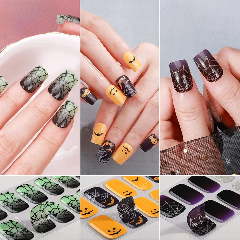 Semi cura Gel Nail Sticker, Dia das Bruxas, Aranha, Teia, Abóbora, Lâmpada UV, Cura, Impermeável, Cobertura Completa de Douramento, Decoração de Unhas